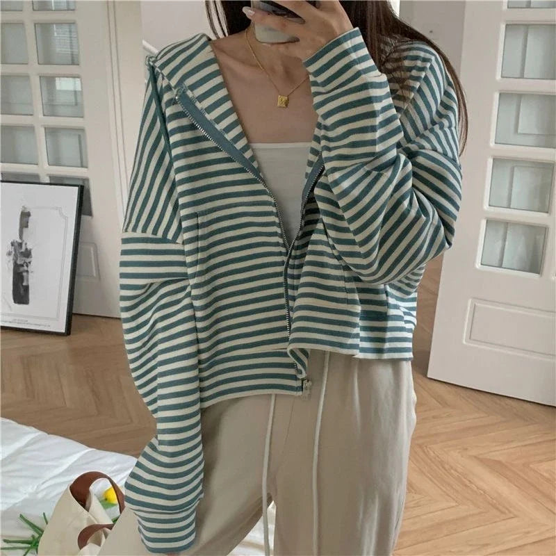 2000S American Vintage Striped Loose Long Sleeve Hooded Sweatshirt Y2k Subculture Casual Zip Up Hooded Cardigan Harajuku Coats