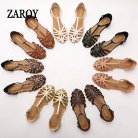 ZAROY Women's Sandals Summer Casual Footwear T-tied Cross Strap Flat Sandals Weave Hollow Roman Sandalia Zapatos сандали