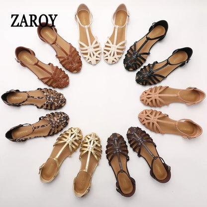 ZAROY Women's Sandals Summer Casual Footwear T-tied Cross Strap Flat Sandals Weave Hollow Roman Sandalia Zapatos сандали