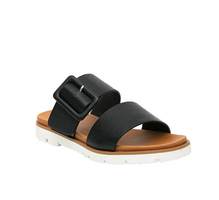 Adjustable Square Buckle Women Slide Sandals Two Strap Platform Slippers Low Heel Soft Sole Summer Open Toe Walking Casual Shoes