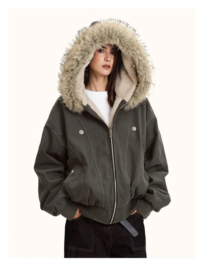 ZAROY Fur Collar Hooded Parkas Y2k Harajuku Thicken Padded Jackets Casual Zipper Gothic Women&Men Winter Coats Streetwear кур
