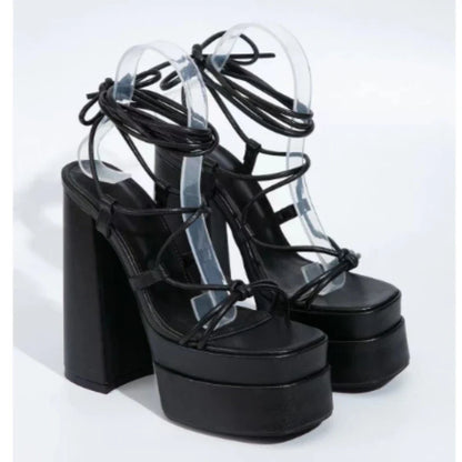 Women Sandals Brand New Sexy Chunky High Heels Pumps Platform Dress Shoes Party Wedding Shoes Cross Lace Up Female Sandals 2025