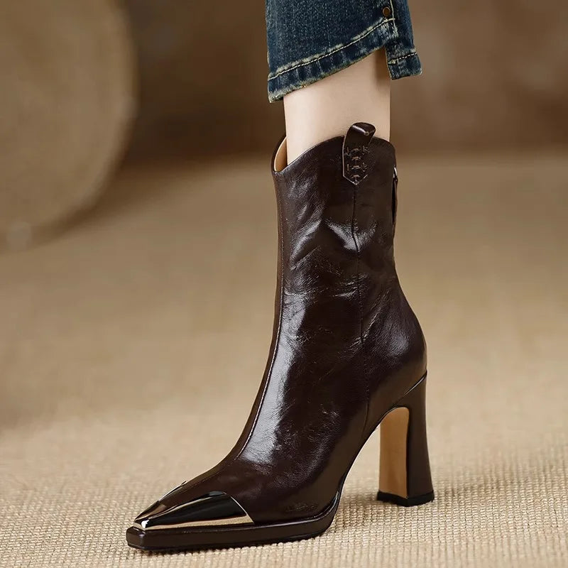 2024 New Metal Square Toe Ankle Boots for Women Fashion Patent Leather Women's Shoes Botas Mujer High Heels Shoes Women Zapatos