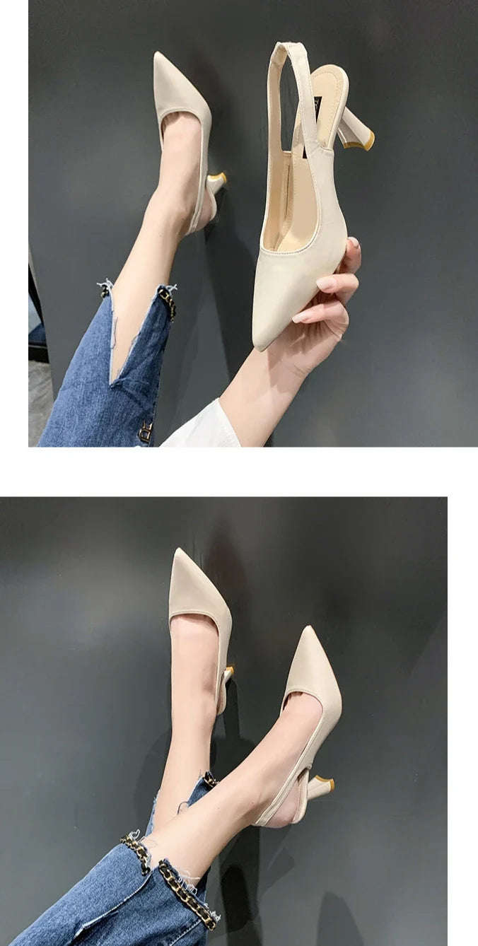 Summer Fashion New Breathable Pointed Toe Stiletto Heel PU Comfortable and Elegant Women's Shoes Shallow Mouth Sexy Sandals