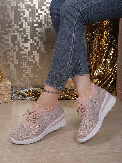 Women's Rhinestone Embellished Knit Mesh Wedge Sneakers, Adjustable Lace-Up Closure, Daily Walking Casual Footwear