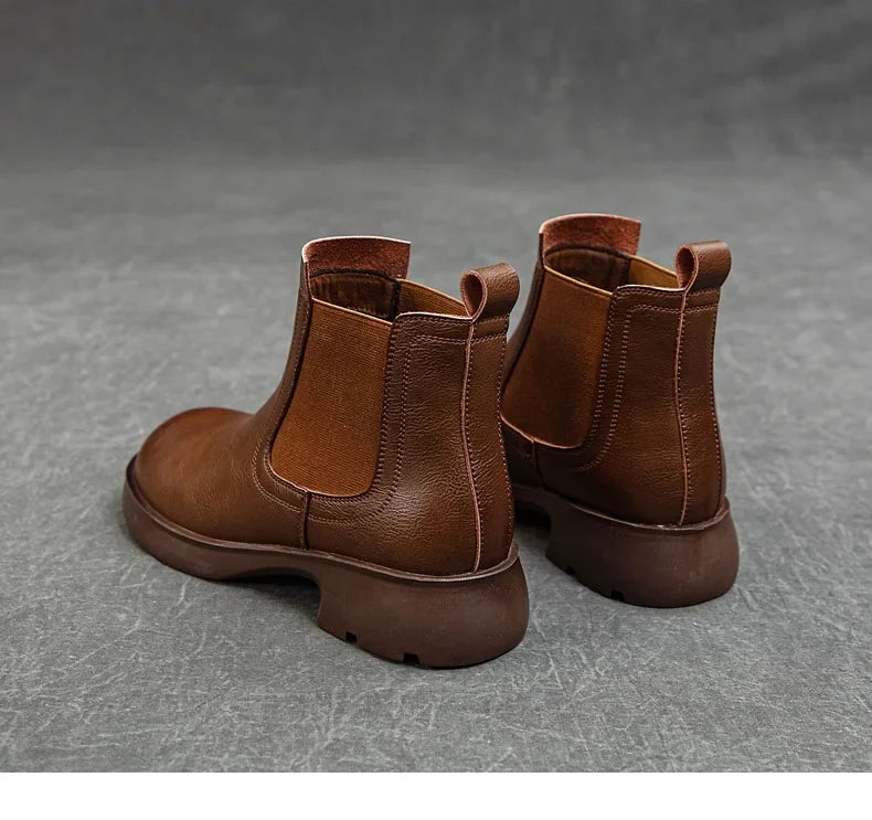 DRKANOL Fashion Women Thick Heel Ankle Boots Autumn Winter Warm Shoes Round Toe Real Cowhide British Style Slip On Chimney Boots
