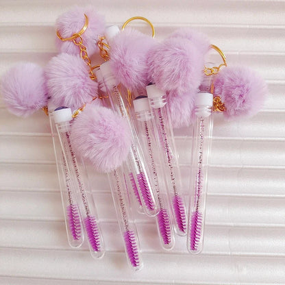 10pcs Eyelash Eyebrow Brush With Hairball Keychain Mascara Wand Reusable Lash Extension Clear Micro Comb Container Makeup Tool