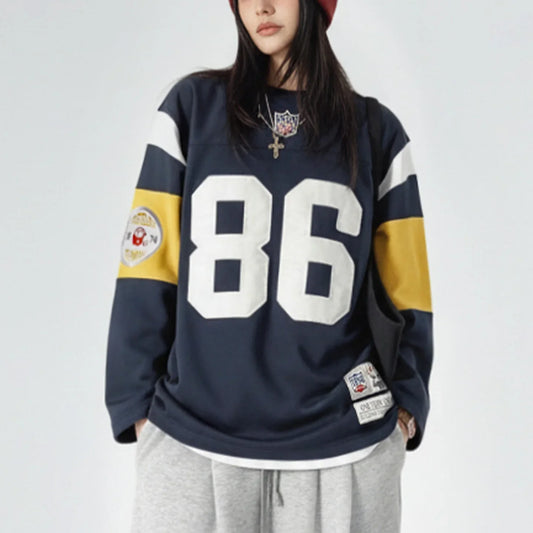 Maden Women’s Retro Embroidered Rugby Pullover Sweatshirt Mid-length Baggy Thick Outerwear Cozy Spring Fall Female Top