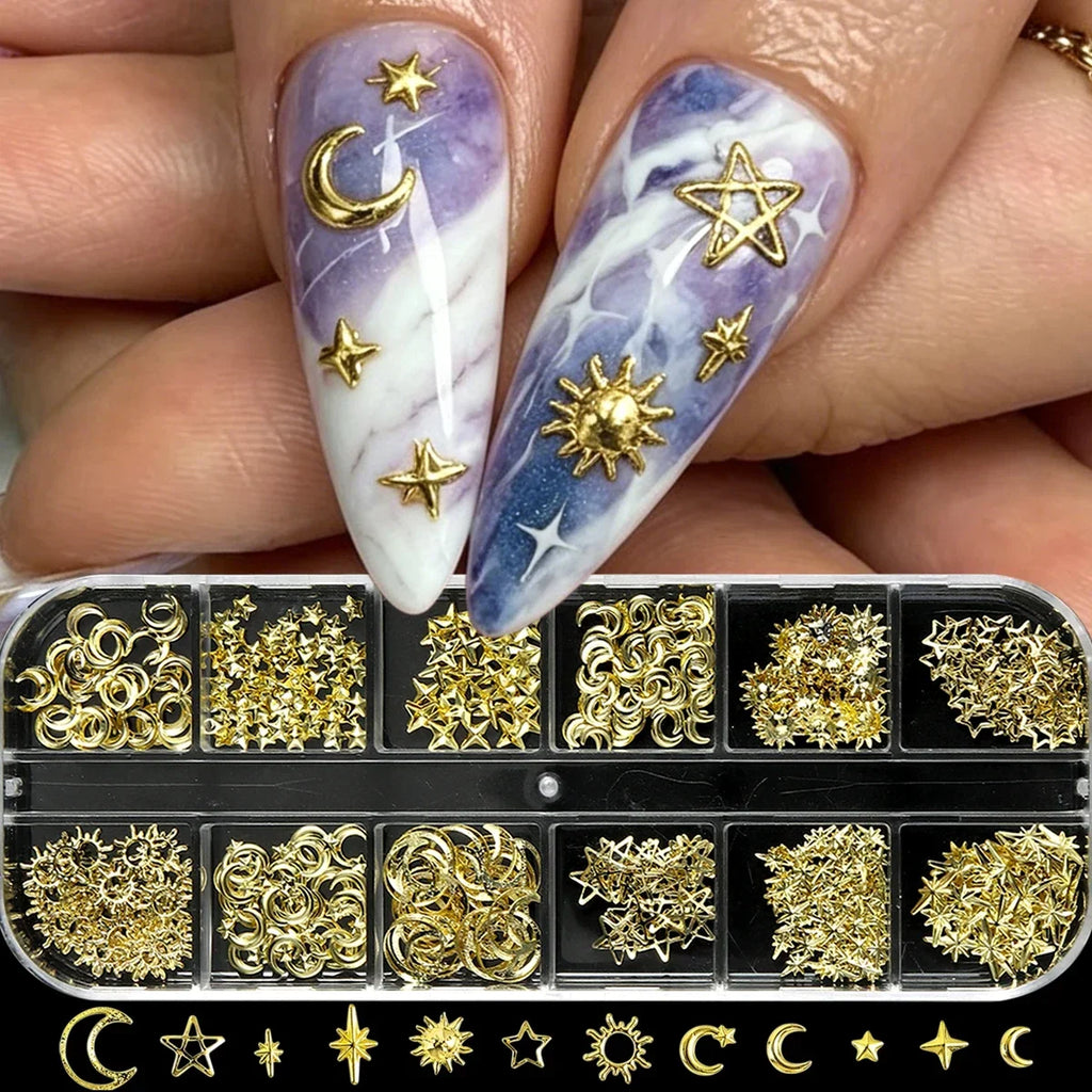 6/12Grids Gold Star Moon Metallic Rivet 3D Nail Charms Alloy Sun Moon Starlight Rhinestones Nail Studs For Nail Art Decoration