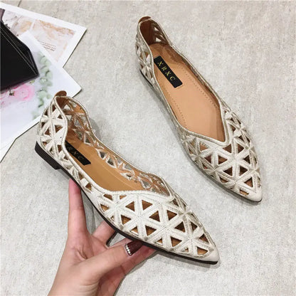 Flat Shoes Women 2026 Summer Pointy Joker Hollow Leisure Commuter Flat Spring Elegant Women's Shoes Breathable Hole Shoes