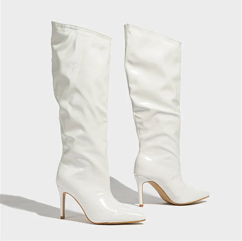 Liyke Fashion Runway Pleated Patent Leather Boots Female Pointed Toe Stiletto Heels Pumps Autumn Winter Knee High Shoes Women