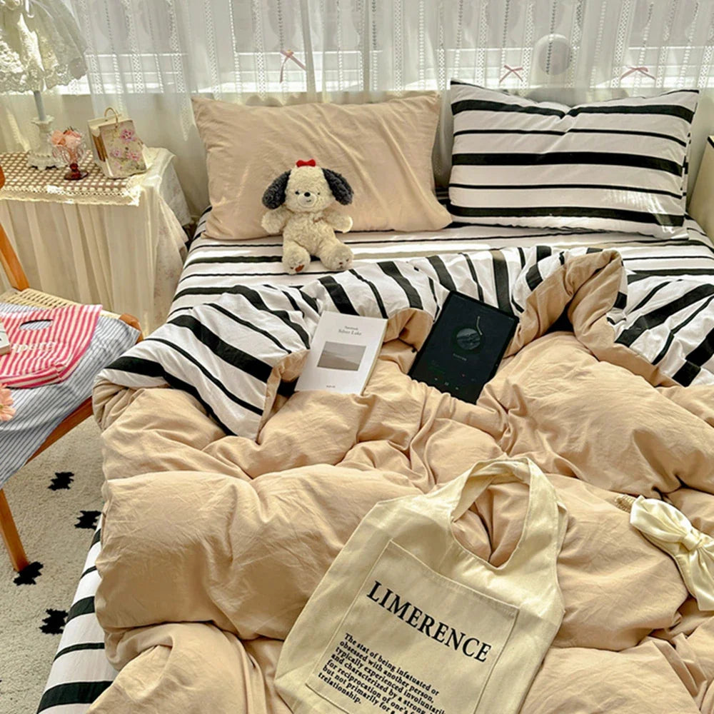 Ins Style Stripes Bedding Duvet Cover Set with Pillowcase bed sheet Full Size Bed Linen Quilt Cover Set Queen/King Double Single
