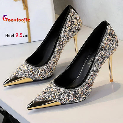 Shiny Crystal Apricot High Heels 9.5cm Women's Shoes Thin Heels Metal Pointed Ladies Pumps Shallow Slip On Stiletto Party Shoes