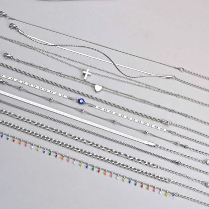 Silver Color Anklet Bracelets for Women Waterproof, Stainless Steel Layered Cuban Chain Herringbone Anklets Summer Beach Gift