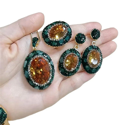 Round Colored Change Sultanite Crystal Bangle Rings Sets for Women Necklace Earring Rings Golden Green Zultanite Quartz Jewelry