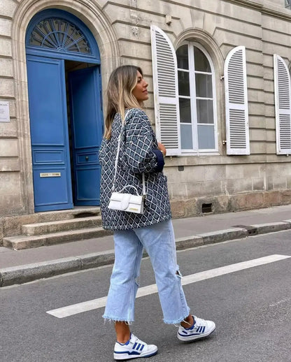 Autumn Winter Blue Geometric Plaid Print V Collar Quilted Coat Ethnic Women Long Sleeve Oversized Jackets Loose Outwear