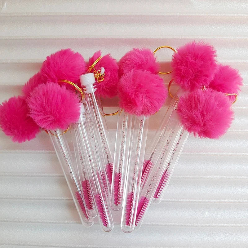 10pcs Eyelash Eyebrow Brush With Hairball Keychain Mascara Wand Reusable Lash Extension Clear Micro Comb Container Makeup Tool