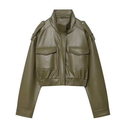 MUJER Faux Leather Cropped Jacket Women Bomber Demi-season Jackets for Women Long Sleeve Women's Coats Zip Overcoat Jacket Women