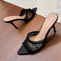 Eilyken New Summer Lace Breathable Pointed Toe Women Slippers Elegant Thin High Heels Party Dress Slide Female Shoes