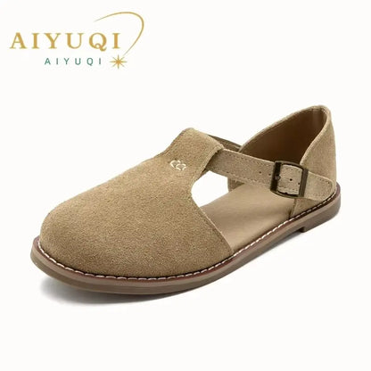 AIYUQI Flat-Soled Retro Frosted Genuine Leather Women's Sandals 2026 New Hollow Women's Shoes Roman Baotou Sandals for Women