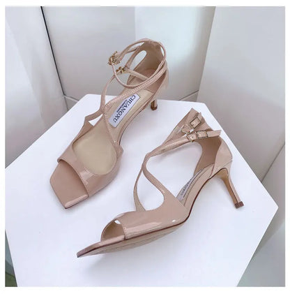 Luxury Sequined Women Gladiator Sandals Summer Designer Shoes for Women 2026 Square Head Hollow High Heels Fashion Ladies Shoes
