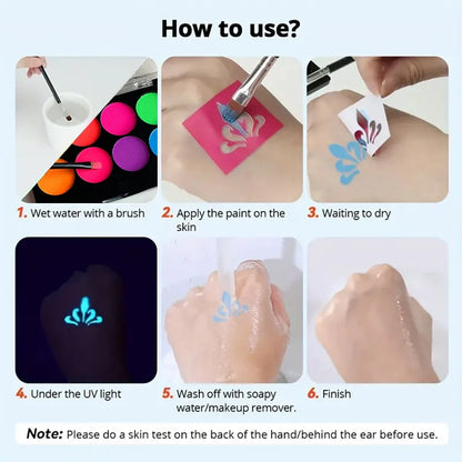 8 Colors Body Painting Palette for Tattoo Art UV Glow in The Dark Makeup Carnival Artist Cosplay Art Party Festival Cosmetics