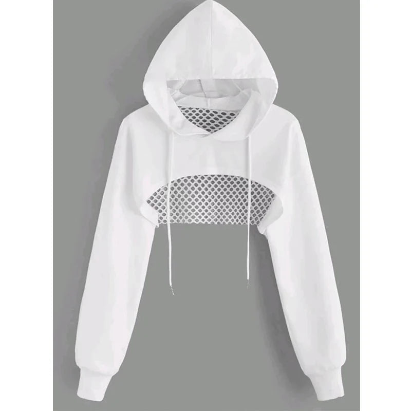 Street Sport Drop Shoulder Drawstring Hollow Out Super Crop Sports Hoodie Without Cami Top