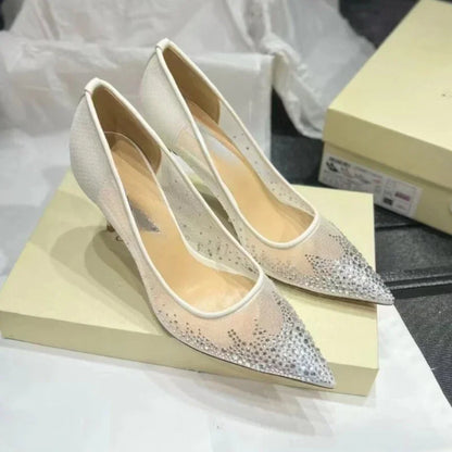 Women's high heels and single shoes for spring and summer  new mesh diamond fashion banquet pointed women's shallow mouth shoes