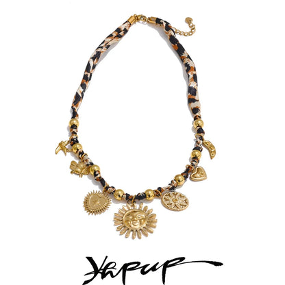 Yhpup Popular Stainless Steel Leopard Polyester Sun Flower Heart Insect Drop Collar Necklace 18K PVD Plated Fashion Jewelry Gift