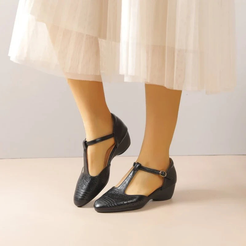 Women's Plus Size Retro Cutout Wedge Loafers, Adjustable T-Strap Breathable Pumps for Summer Daily & Commute