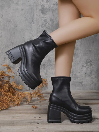 Women New Fashion Short Boots Women Sexy Leather Boot Square toe casual Zipper high heels Casual thick soled women shoes Zapatos