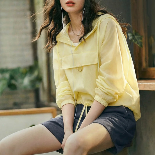 Maden Women's Ultra Lightweight Sun Protection Hoodie Sheer Breathable Pullover Half Button Loose Fit Summer Jacket Yellow