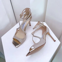 Luxury Sequined Women Gladiator Sandals Summer Designer Shoes for Women 2026 Square Head Hollow High Heels Fashion Ladies Shoes