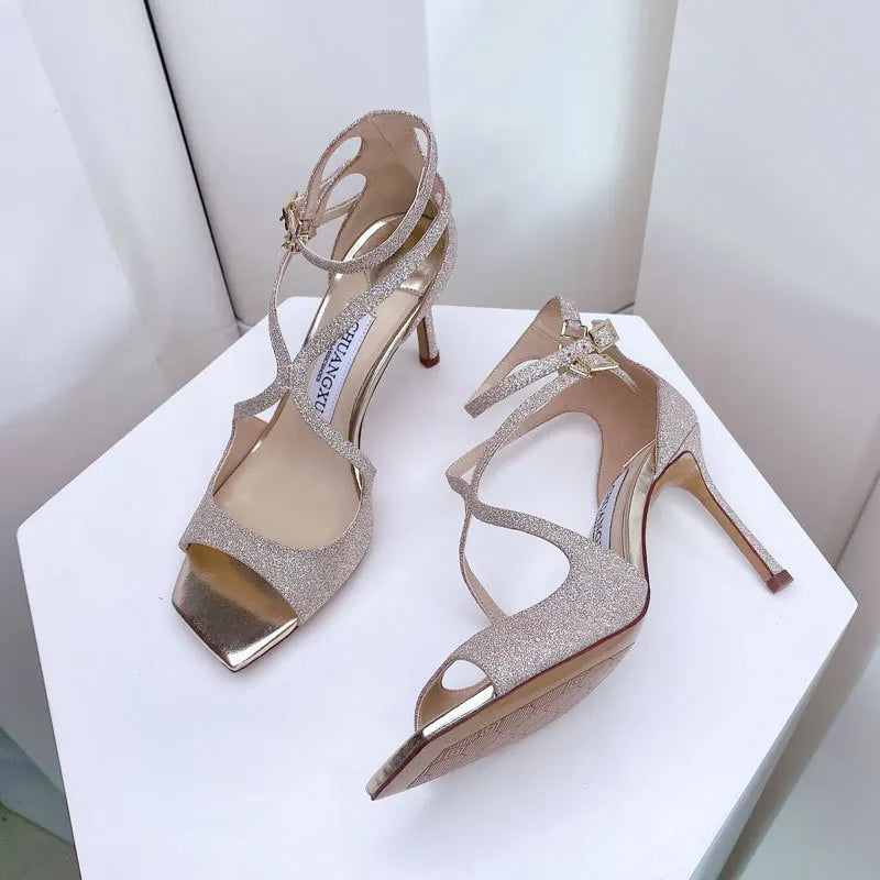 Luxury Sequined Women Gladiator Sandals Summer Designer Shoes for Women 2026 Square Head Hollow High Heels Fashion Ladies Shoes