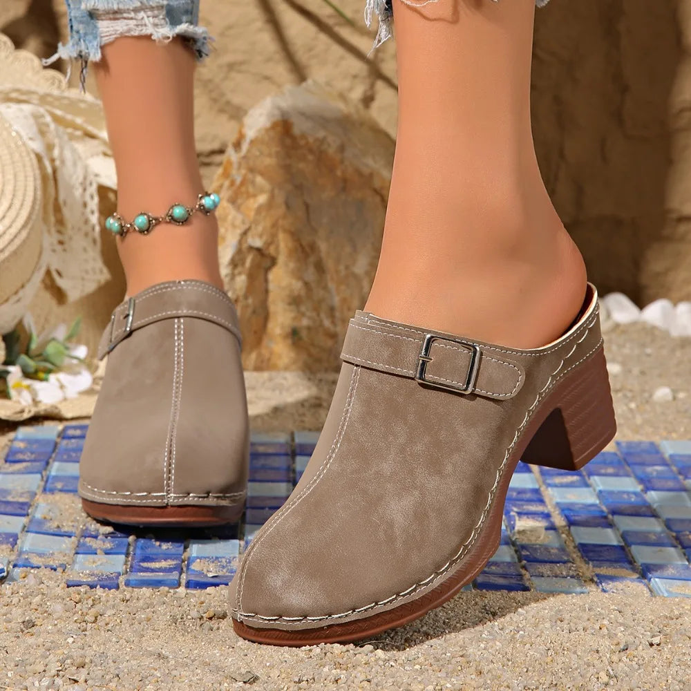 Slippers Women 2026 Summer New Plus Size Round Toe Women's Sandals Outdoor Rome Ladies Shoes Buckle Chunky Heel Slippers