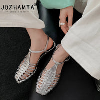 JOZHAMTA Size 34-43 Women Flats Sandals  Fashion Summer Shoes Real Leather Casual Sexy Round Toe Party Daily Dress Sandals