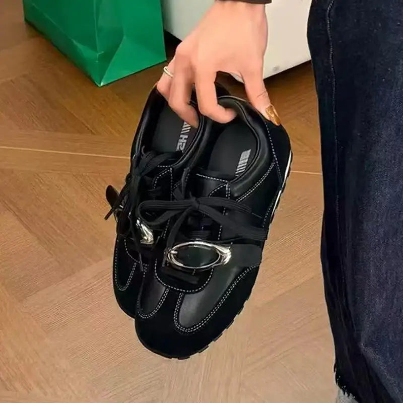 Korean Style Black Polka Dot Sneakers Women Spring 2026 Luxury Metal Decoration Designer Vulcanize Shoes Woman's Sports Shoes