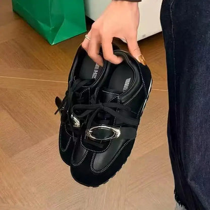 Korean Style Black Polka Dot Sneakers Women Spring 2026 Luxury Metal Decoration Designer Vulcanize Shoes Woman's Sports Shoes