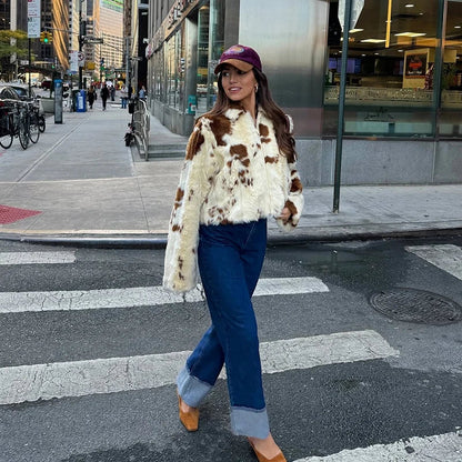 Neo Mint Chic Street Girls Cow Print Fur Coat Women 2025 Winter New Brand Fashion Warm Faux Fur Jacket Autumn Iconic Streetwear