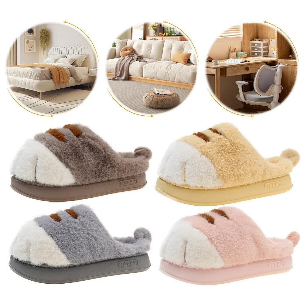 3D Cat Paw Plush Slippers Warm Slip-on House Shoes Anti Slip Flat Thermal Slippers Furry Paw Couple Slippers for Autumn Winter