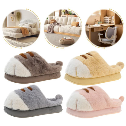 3D Cat Paw Plush Slippers Warm Slip-on House Shoes Anti Slip Flat Thermal Slippers Furry Paw Couple Slippers for Autumn Winter