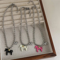 LATS White Black Green Blue Pink Color Enamel Colt Horse Pendant Necklaces for Women Silver Plated Alloy Beads Chain Chokers