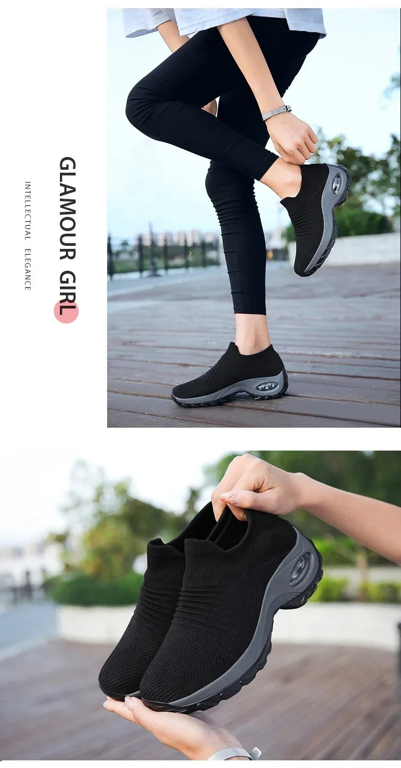 Women Sneakers Summer Fashion Black Sports Casual Shoes Breathable Mesh Lightweight Air Cushion Non-Slip Running Shoe Zapatillas