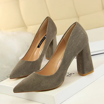 Summer Women 8.5cm High Heels Pumps Escarpins Elegant Sweet Lady Wedding Block Square Middle Heels Flock Suede Nightclub Shoes