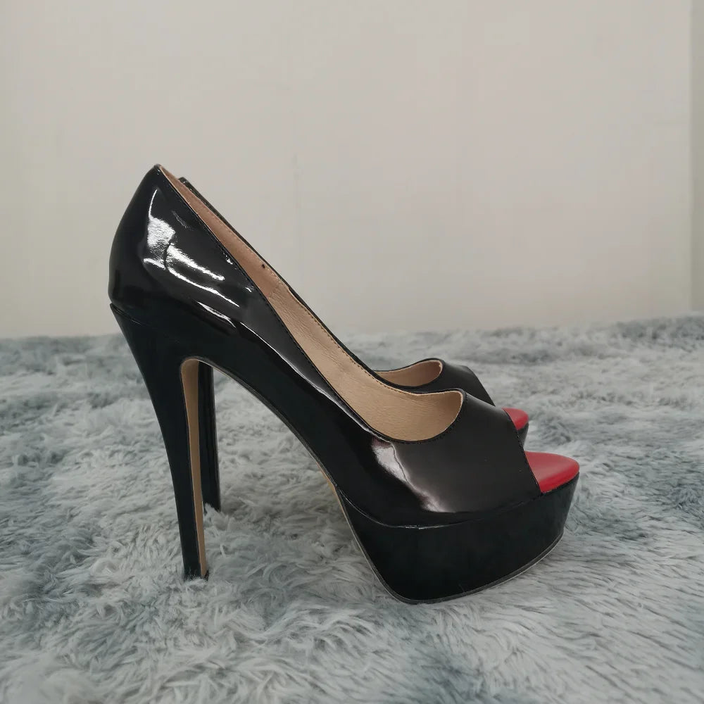 Women Pumps Sexy Platform Peep Toe 14cm Extremely Thin High Heels Stiletto Patent Leather Fashion Party Nighclub Wedding Shoes