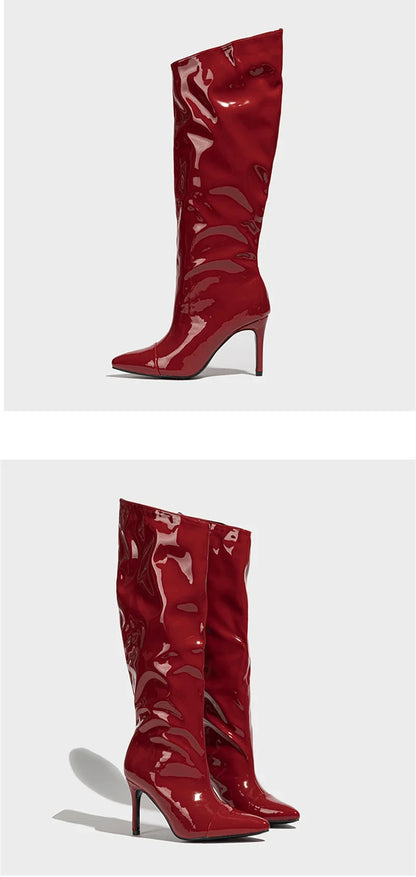 Liyke Fashion Runway Pleated Patent Leather Boots Female Pointed Toe Stiletto Heels Pumps Autumn Winter Knee High Shoes Women