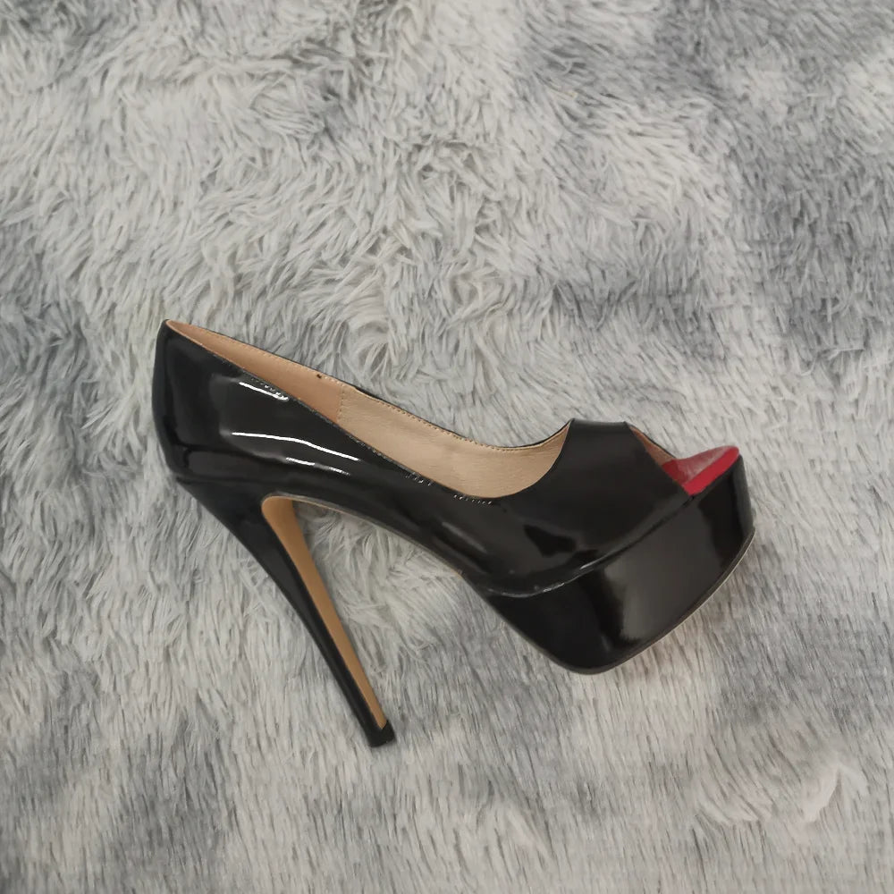 Women Pumps Sexy Platform Peep Toe 14cm Extremely Thin High Heels Stiletto Patent Leather Fashion Party Nighclub Wedding Shoes