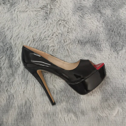 Women Pumps Sexy Platform Peep Toe 14cm Extremely Thin High Heels Stiletto Patent Leather Fashion Party Nighclub Wedding Shoes