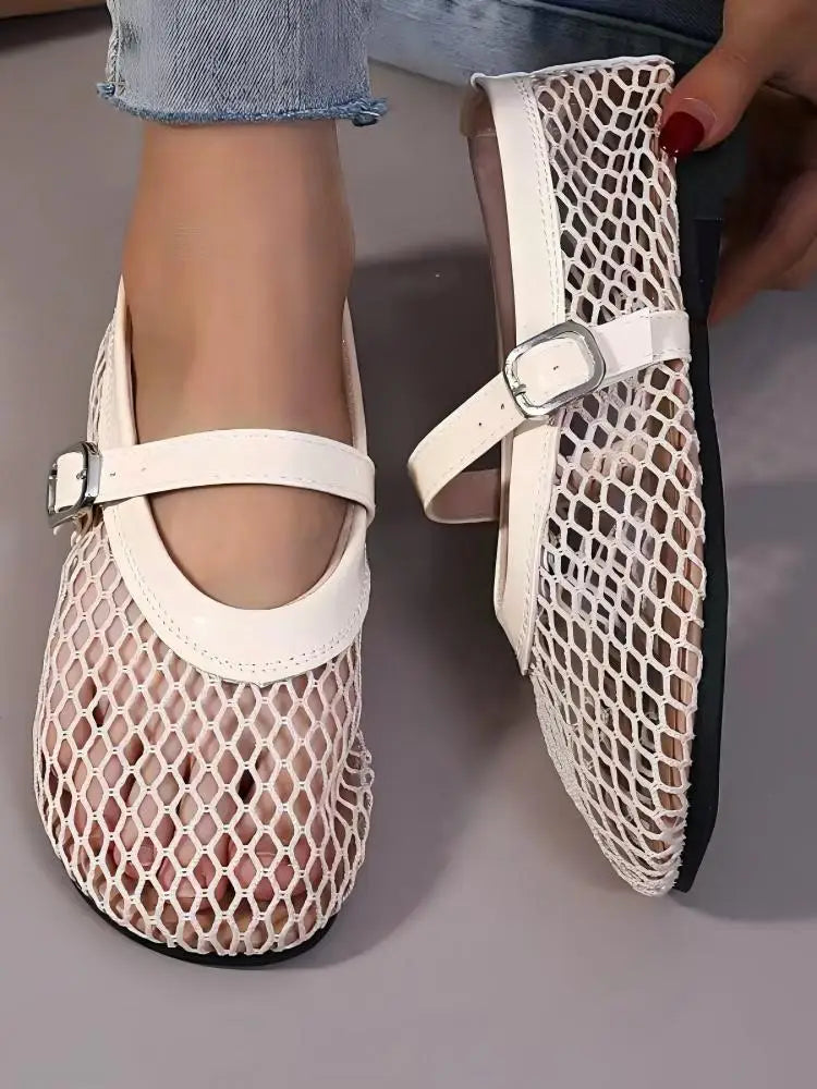 Women's Mary Jane Flats 2026 New Hollow Out Mesh Breathable Fishnet Ankle Strap Casual Summer Sandals
