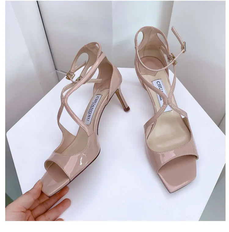 Luxury Sequined Women Gladiator Sandals Summer Designer Shoes for Women 2026 Square Head Hollow High Heels Fashion Ladies Shoes